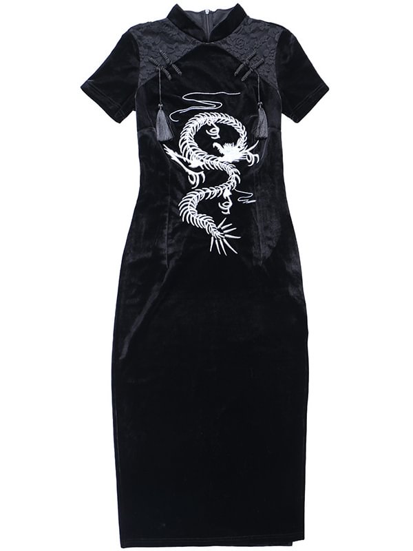 Velvet Dragon Embroidered Lace Paneled Fringed High Split bodycon Cheongsam Dress