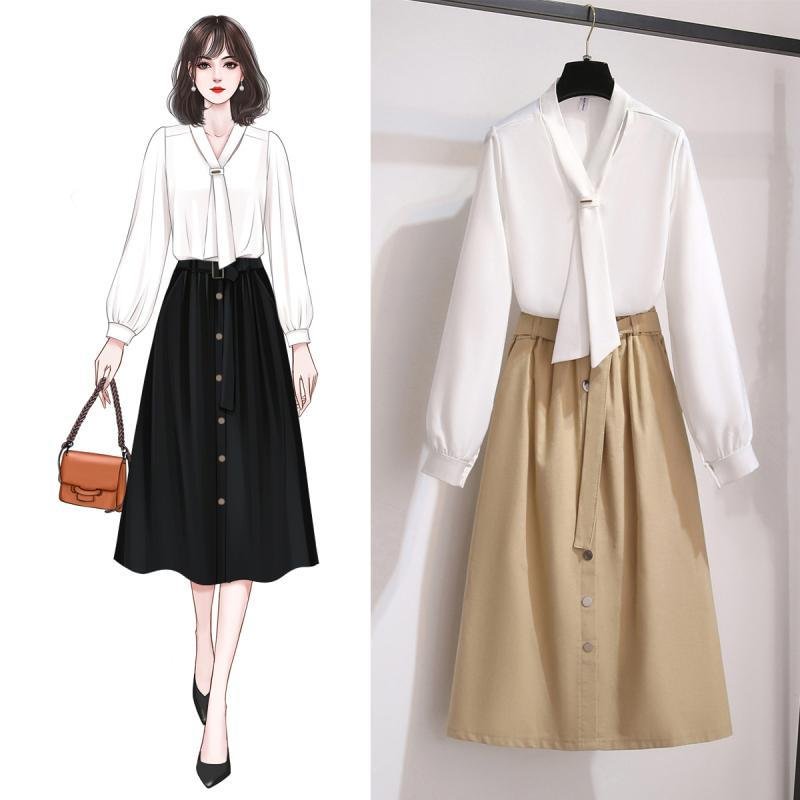 Chiffon Long Sleeve Blouse+Skirt P10781