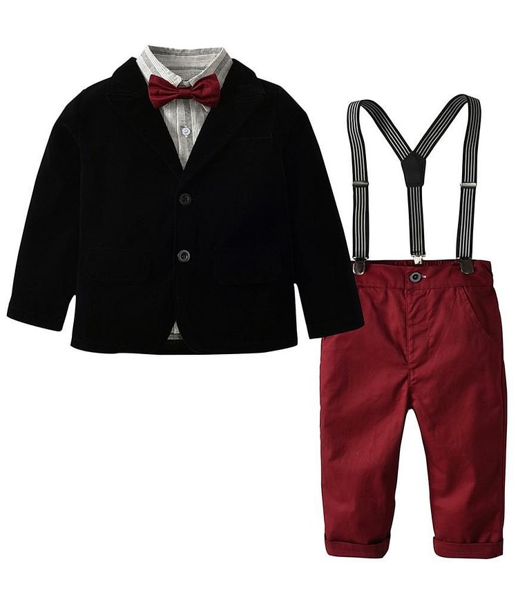 Boys Suit Black Blazer White Shirt And Red Suspender Pants Outfit Set-Mayoulove