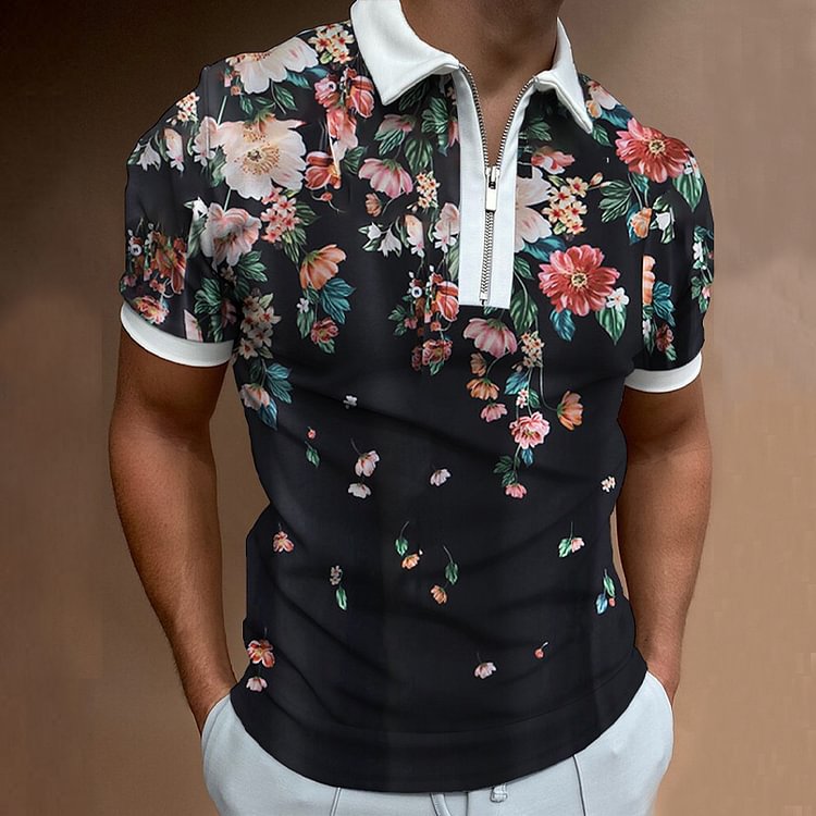 Men's Casual Summer Daily Zipper Design Polo Collar Short Sleeve Polo Shirt