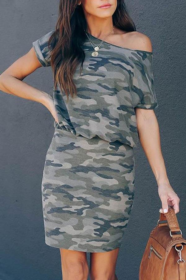 Oblique Collar Short Sleeve Camouflage Mini Dress P13561