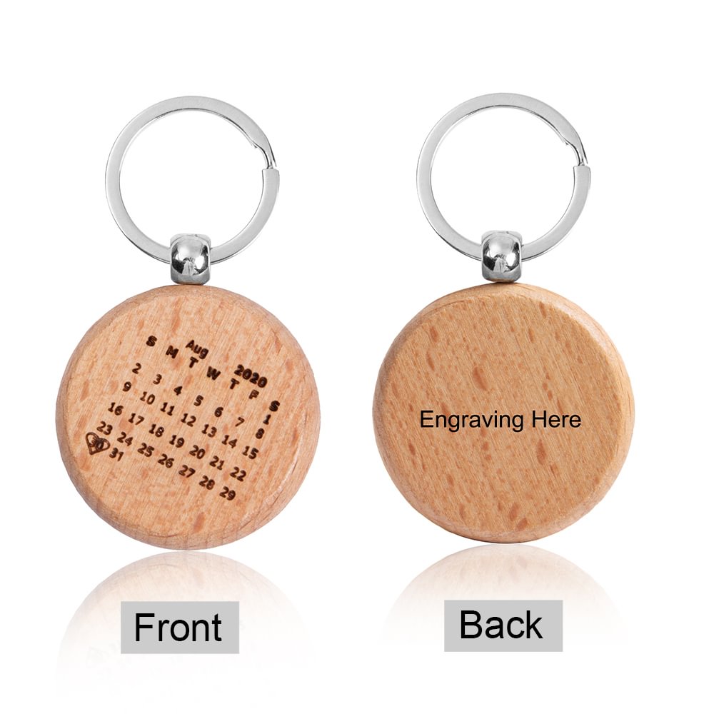 Personalized Wooden Keychain Engraved Calendar Date And Text Keychain-Round Shape