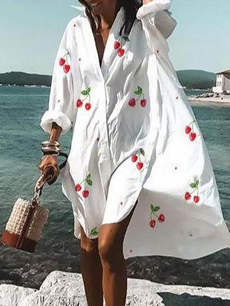 Fashion Loose V-Neck Long Sleeve Printed Beach Dress