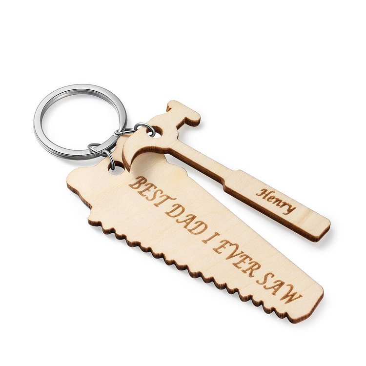 Personalized Wooden Keychain Engraved With Saw Shaped Text And Hammer Name Keychain