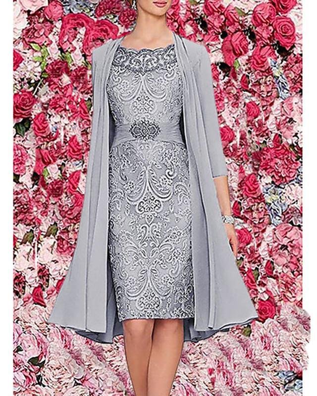 Women's Two Piece Dress Knee Length Dress 3/4 Length Sleeve Floral Jacquard Spring & Summer Hot Elegant Wine Dark Blue Gray M L XL XXL 3XL-Corachic