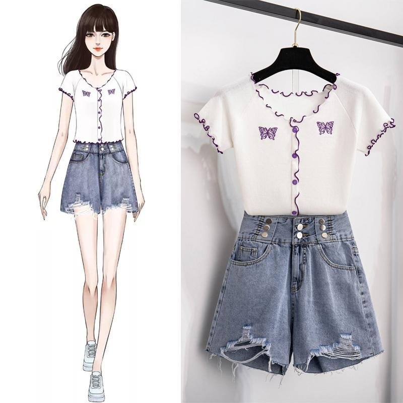Butterfly Embroidery Tee+Denim Shorts P10379
