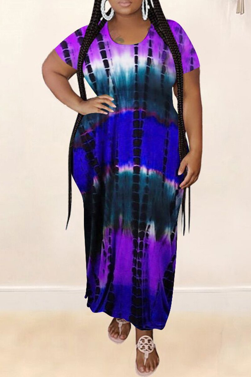 Purple Fashion Casual Plus Size Tie Dye Printing O Neck Short Sleeve Dress