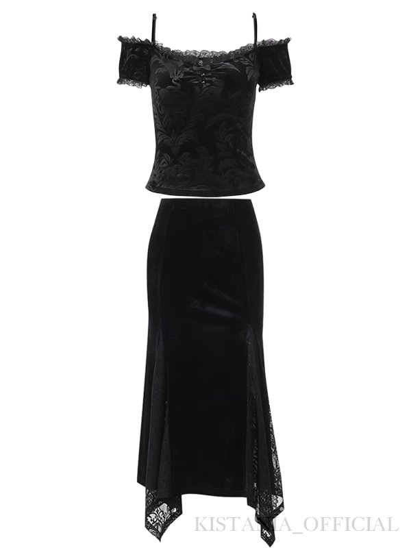 Off Shoulder Lace Gothic T Shirt + Goth Irregular Lace Suede Midi Skirts 2 Pieces Sets