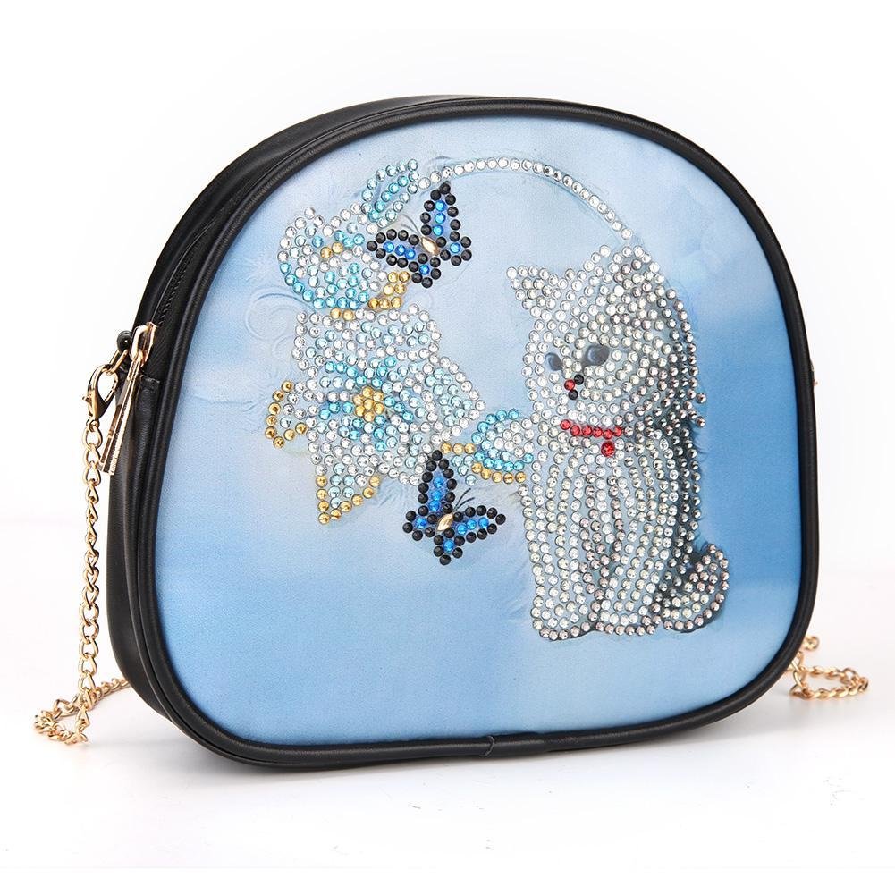 DIY Cat Special Shaped Diamond Painting Women Leather Chain Crossbody Bags