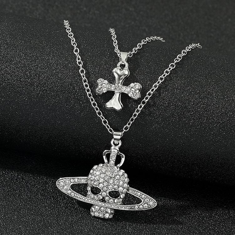 Iced Out Rhinestone Silver Skull Cross Saturn Pendant Necklaces