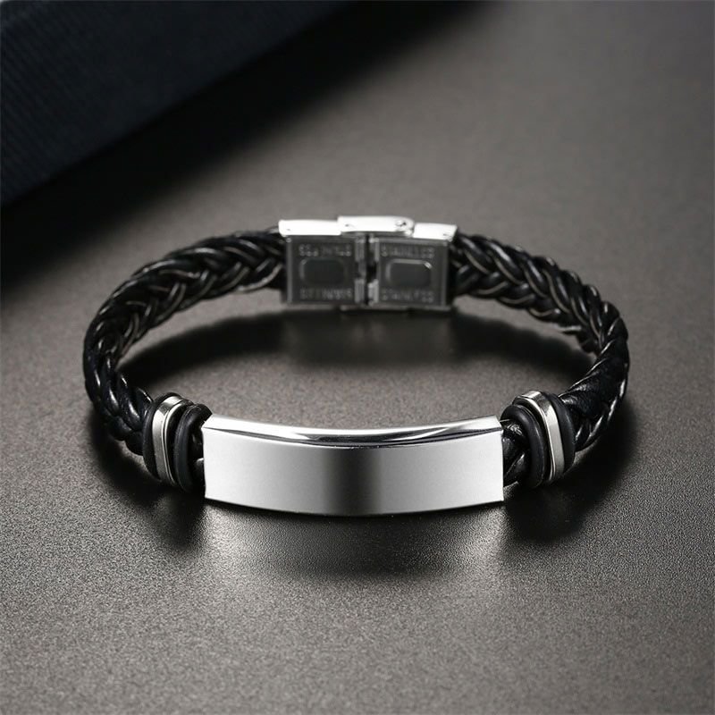 12MM Custom Name Braid Leather Rope Engraved Men Bracelet-VESSFUL