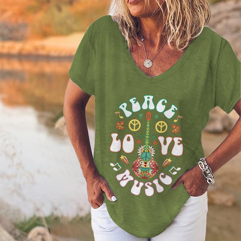 Peace Love Music Printed Hippie T-shirt