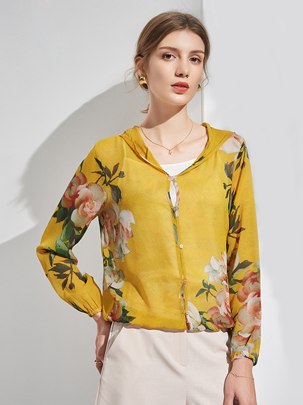 Cardigan en soie à capuche jaune imprimé floral-Soieplus