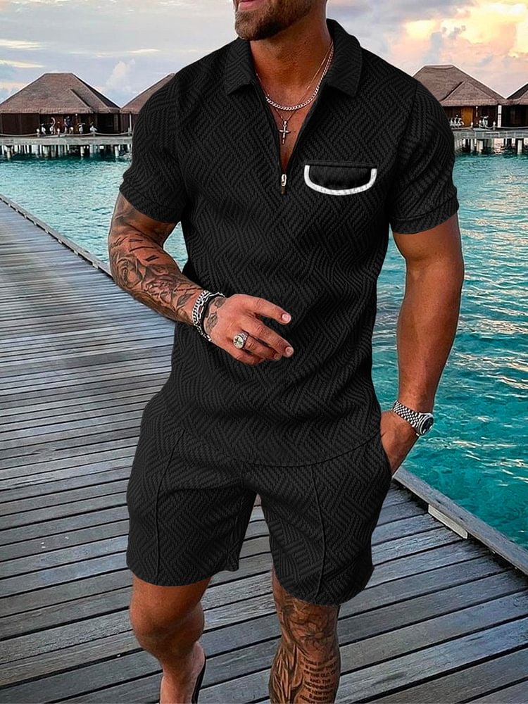 Men's Casual Vacation Contrast Color Pocket Polo Black Suit