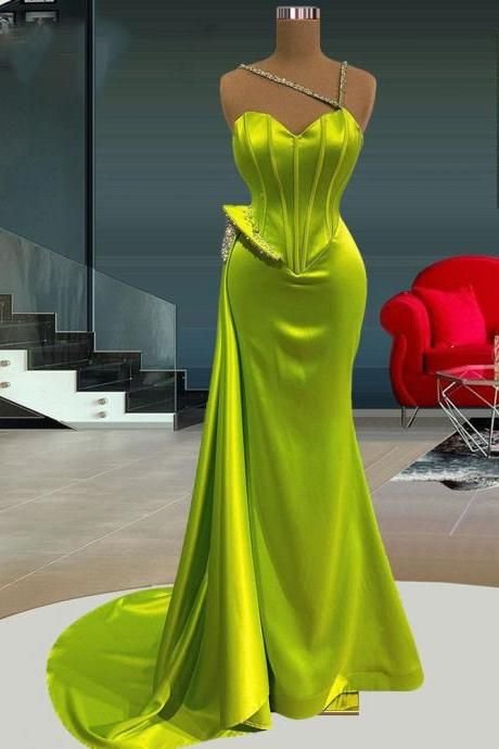 Luluslly Yellow Green Sweetheart Mermaid Prom Dress Long Beads With Ruffles