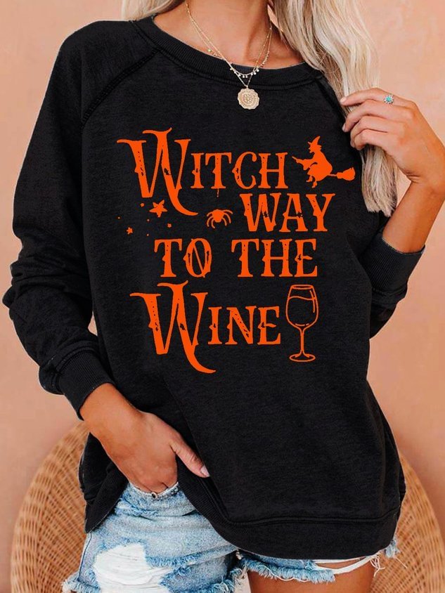Witch Way To The Wine Printed Women's Casual Sweatshirt