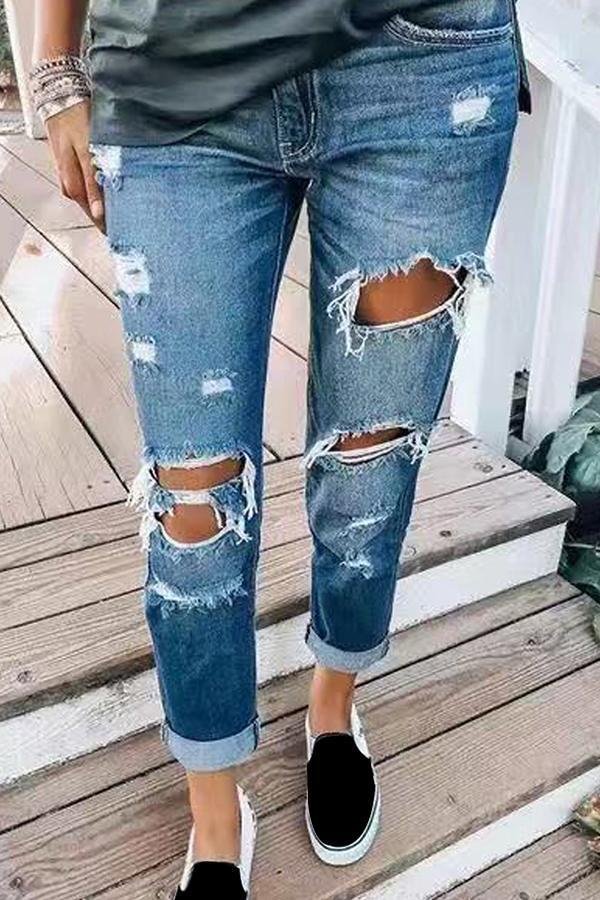 Womens Ripped Stylish Personality Slim Jeans-Allyzone-Allyzone