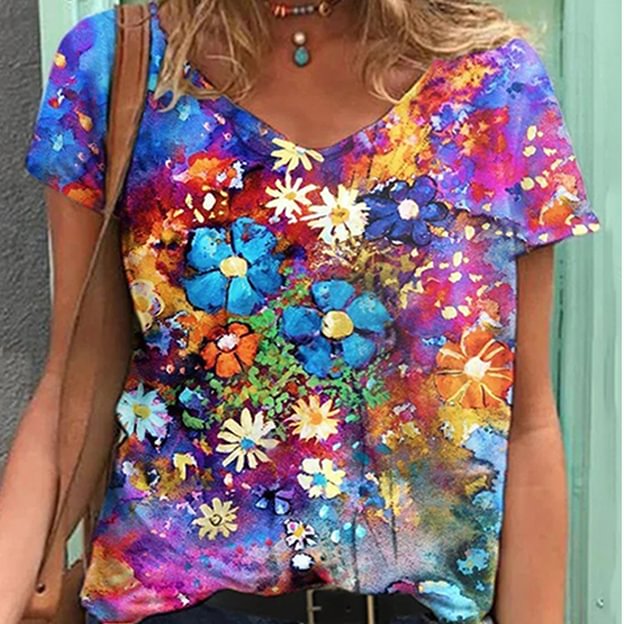 2021 Summer Women's  Flower Printed Short-sleeved V-neck Blouse