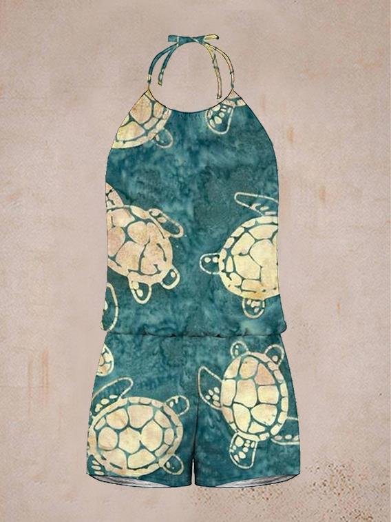 Women's casual sleeveless cute turtle print jumpsuit-Mayoulove