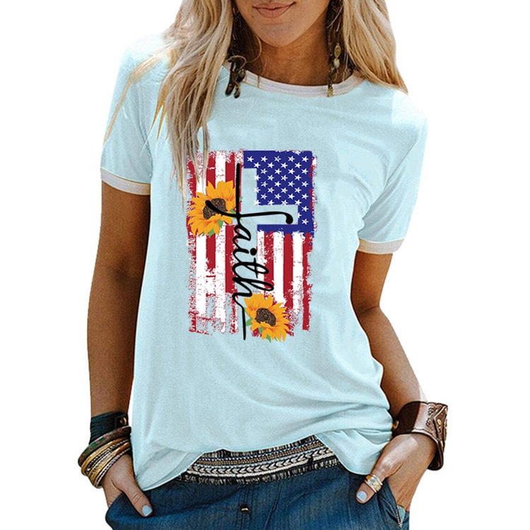 Women's Top Independence Day Star Print T-shirt Contrast Sunflower Round Neck Short Sleeve