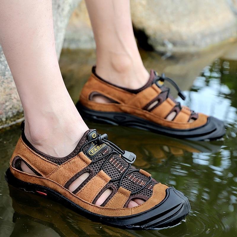 Men Leather&Mesh Outdoor Sandals Summer Breathable Beach Shoes-Corachic