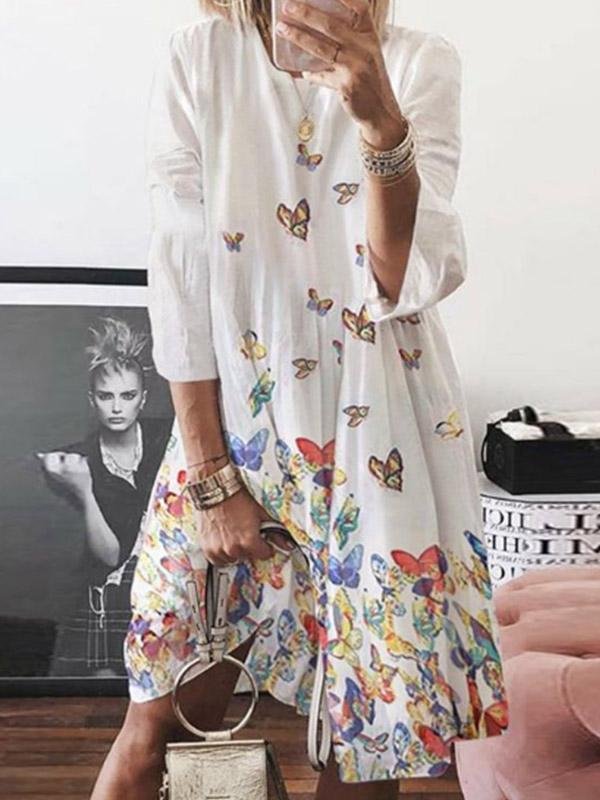 Women's Butterfly Printed Round Neck Linen Dress-Mayoulove