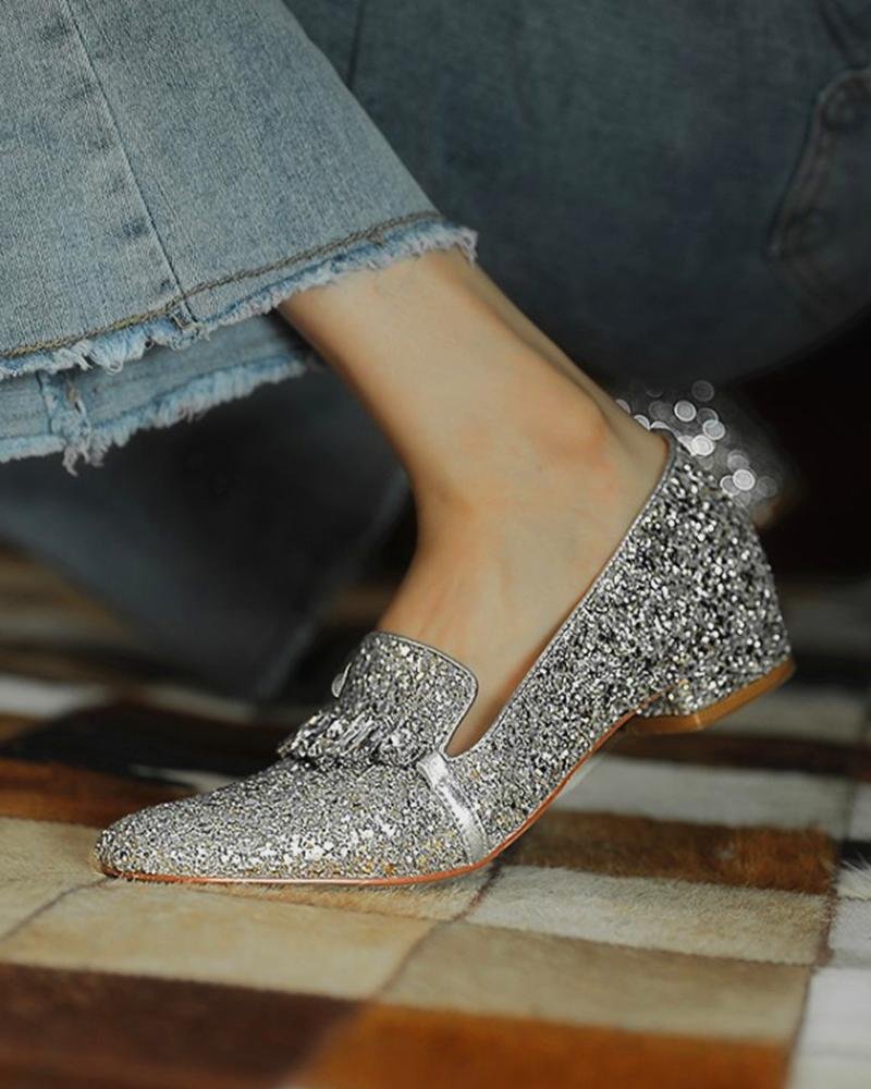 Square-toe Shiny Flat-line Loafers
