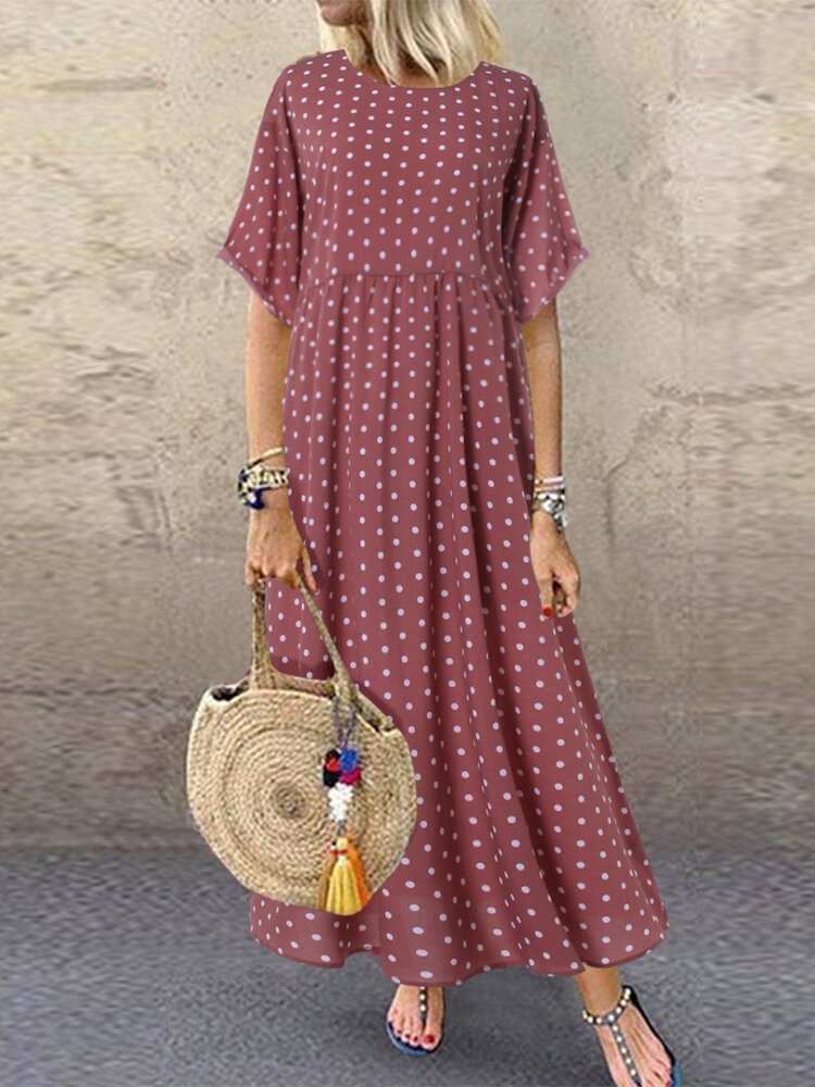 Women's Polka Dot Print Short Sleeve Plus Size Maxi Dress with Pockets