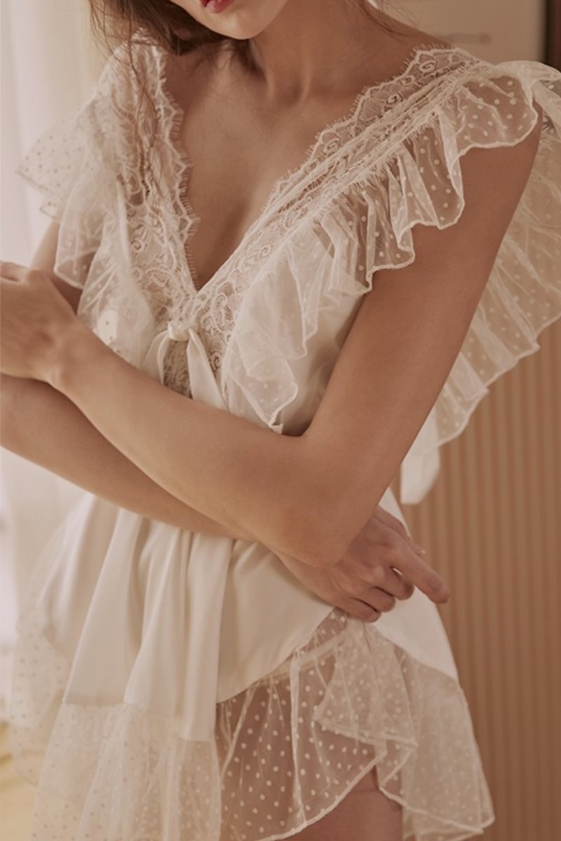 Lace Satin Splicing Nightdress Set Pajamas-Icossi