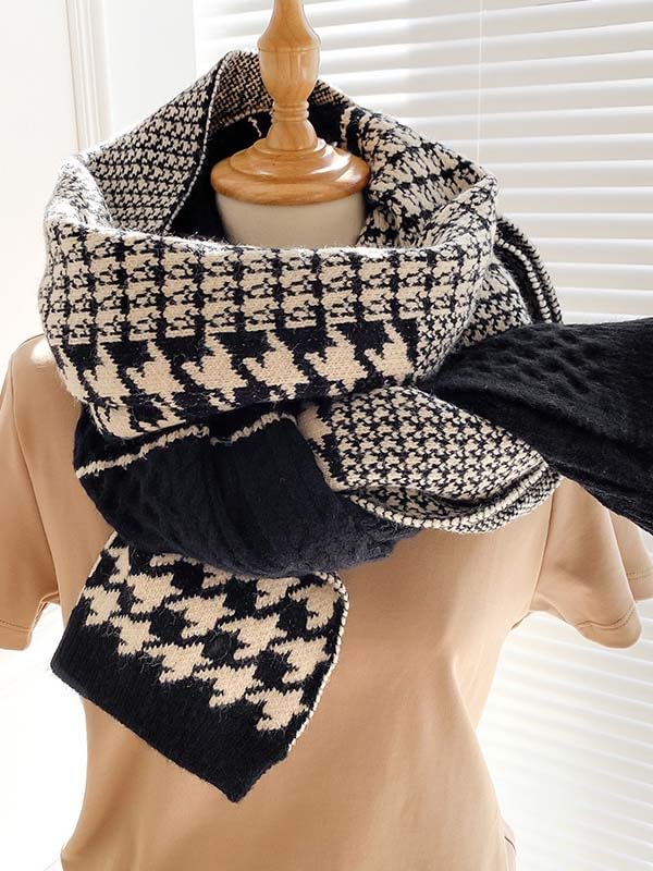 Original Houndstooth Contrast Color Knitting Shawl Scarf