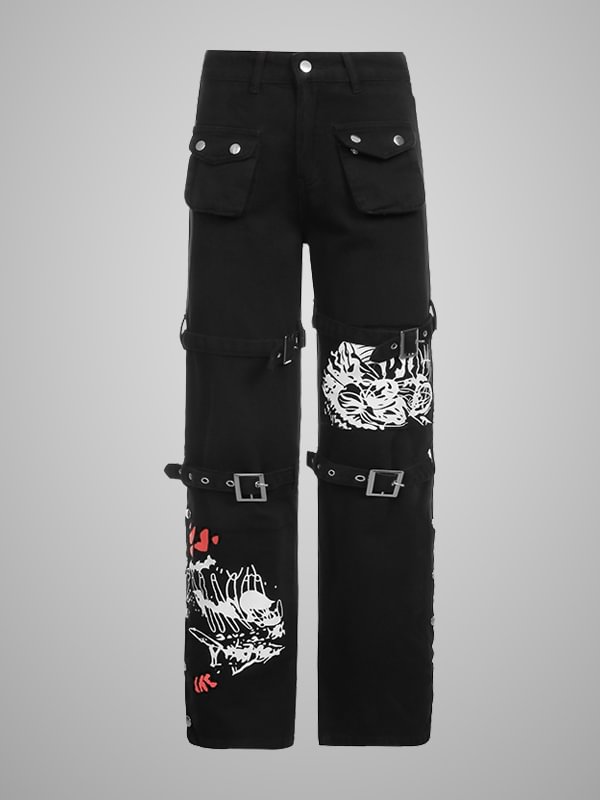 Gothic Dark Street Printed Belt High Rise Washed Jeans with Pockets