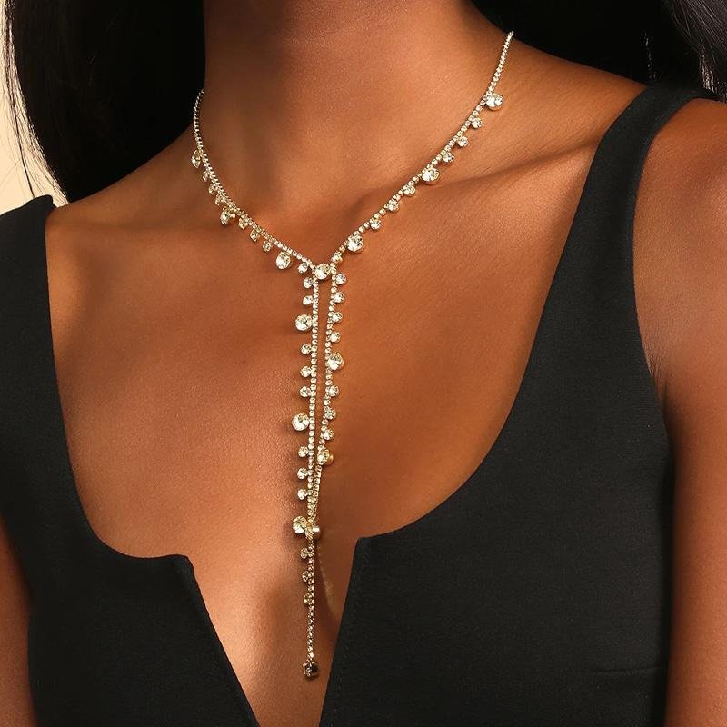 Y Shape Rhinestone Necklace Choker Jewelry for Women-VESSFUL