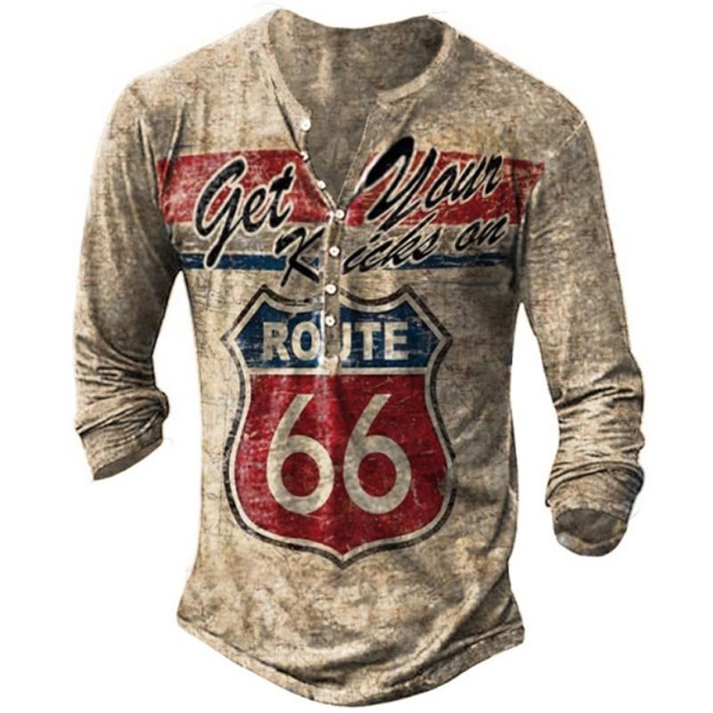 Tiboyz Men's Casual V-Neck Printed Slim-Fit Route 66 Pullover T-Shirt khaki