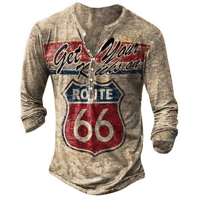 BrosWear Men's Casual Henley Collar Route 66 Printed Slim Fit Long Sleeve T-Shirt khaki 