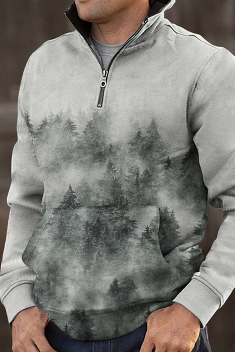 Tiboyz Stand Up Collarlove Forest Print Casual Sweatshirt