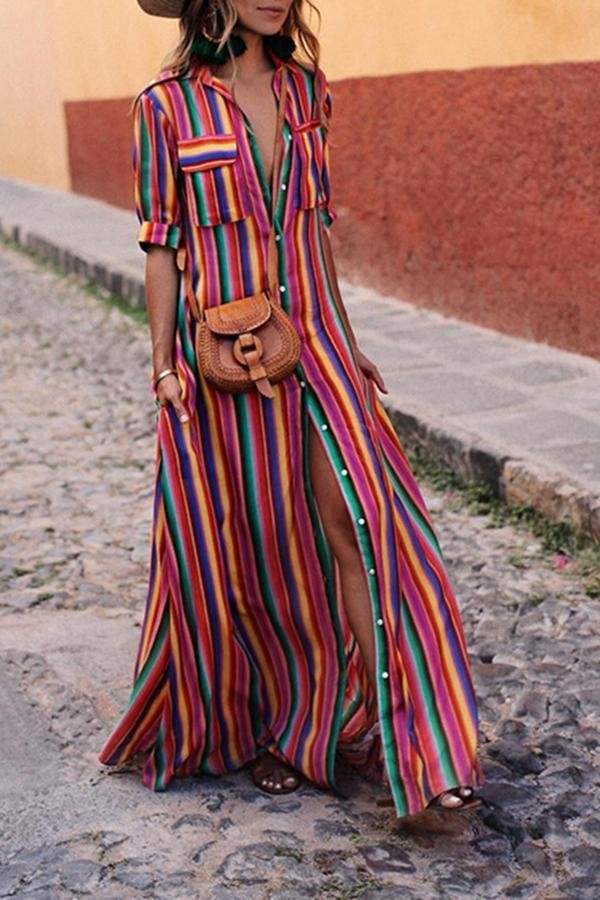 Womens Fashion Rainbow Striped Print Long Dress-Allyzone-Allyzone