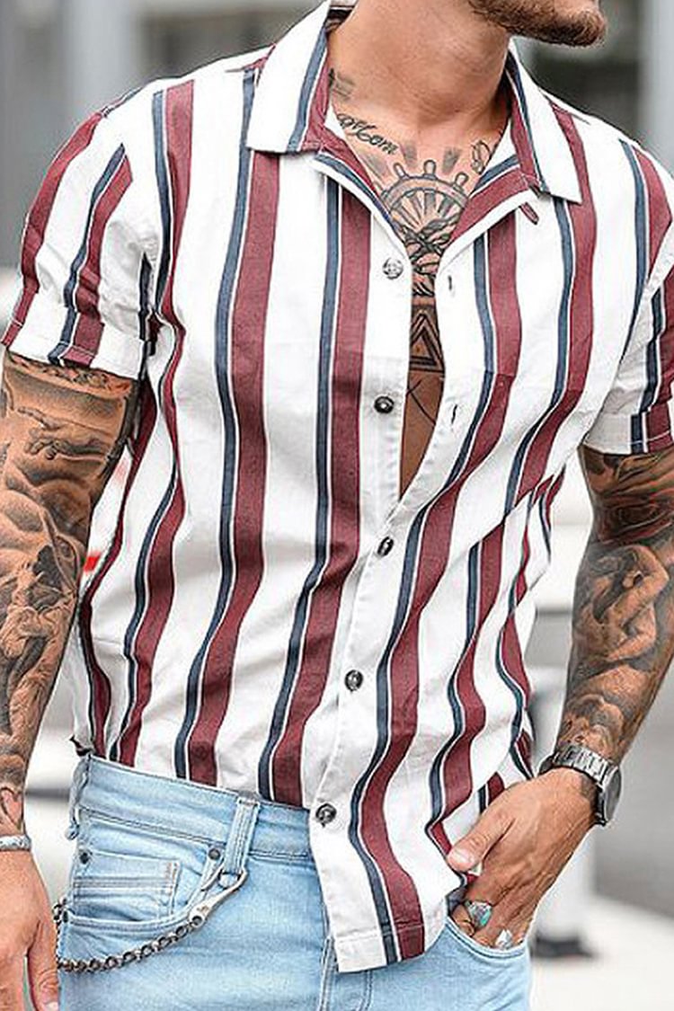 Tiboyz Men'S Colorblock Striped Short Sleeve Shirt