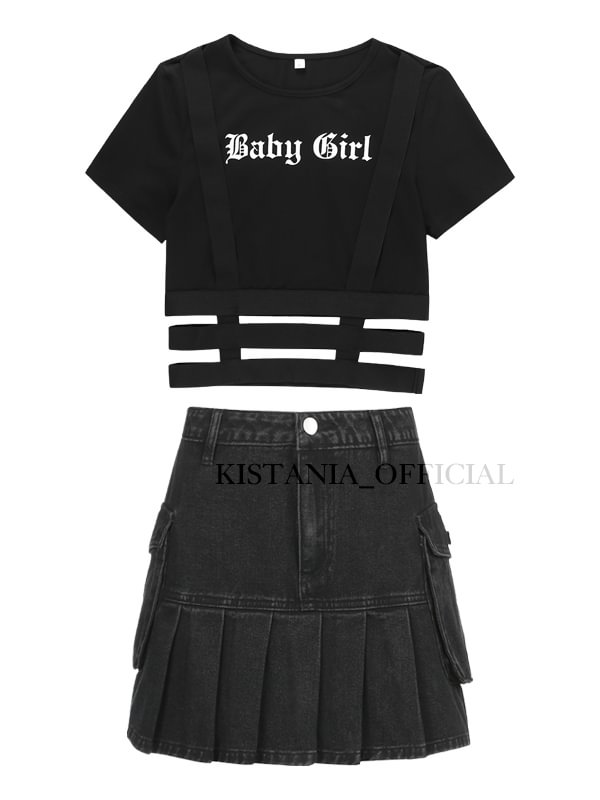 Sexy Letter Graphic Irregular Cutout T-shirt + Pleated Side Pockets Denim Jeans Skirts 2 Pieces Sets