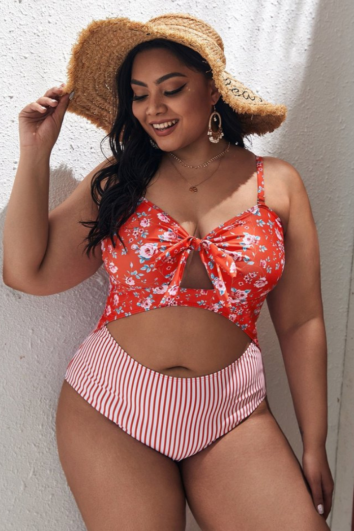 Plus Size Red V-Neck High-Waist Bow One-Piece Swimsuit