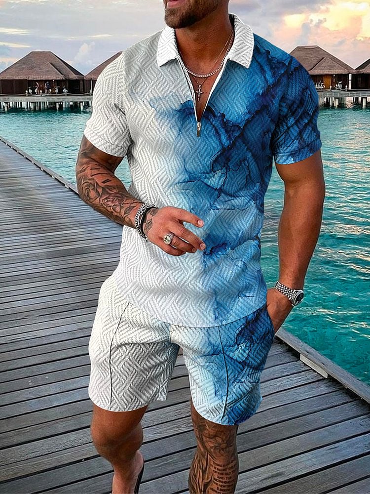 Men's Vacation Gradient Printing Polo Suit