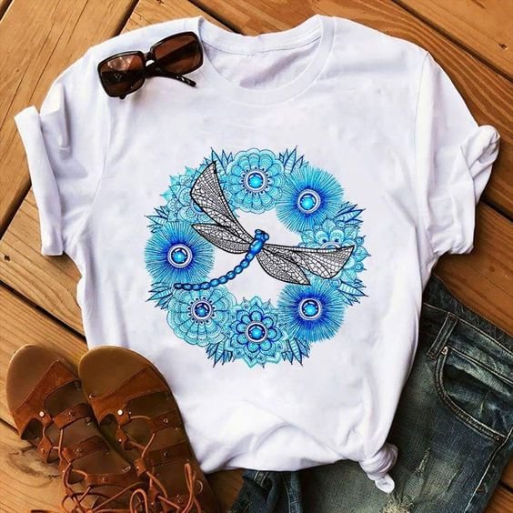 BrosWear Women's Dragonfly Floral Print Cotton Blend T-Shirt