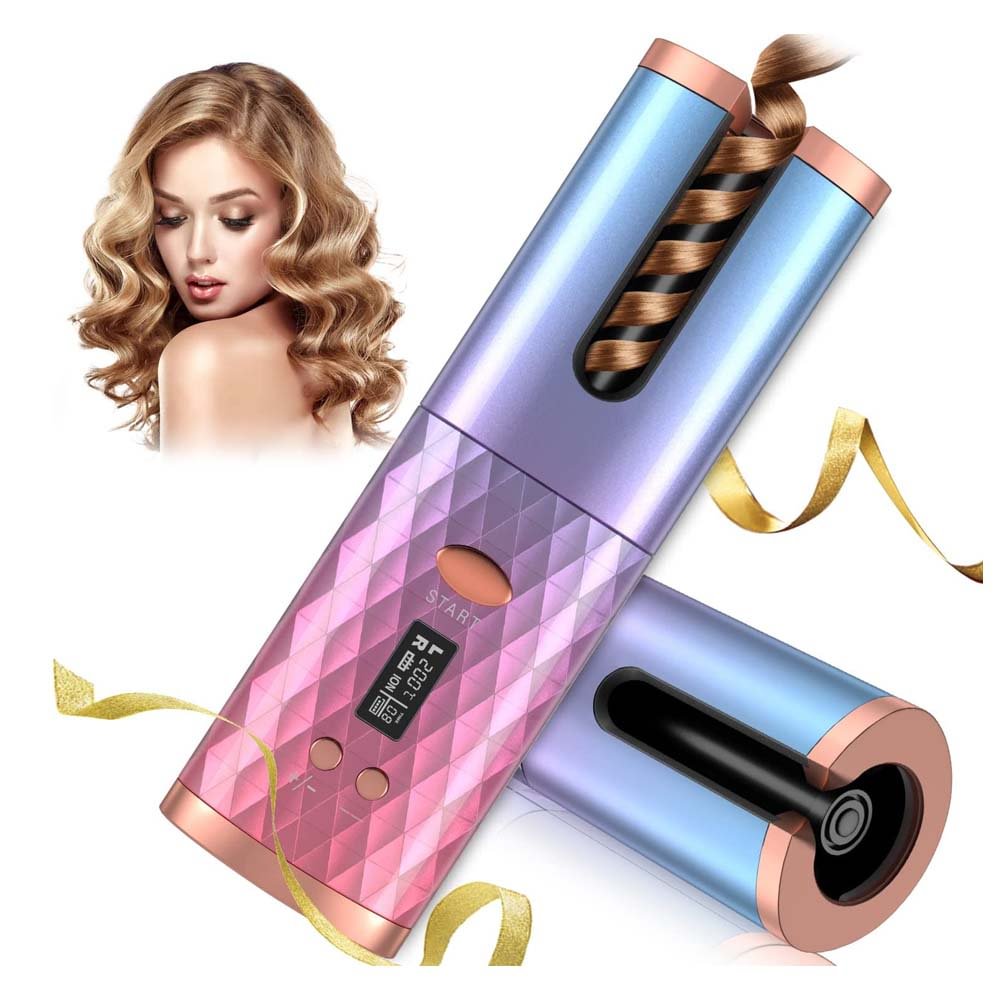 Automatic Rotating Curling Iron, Cordless Hair Curler with 6 Temps Portable Rechargeable Ceramic Barrel Wave Wand Curling Iron