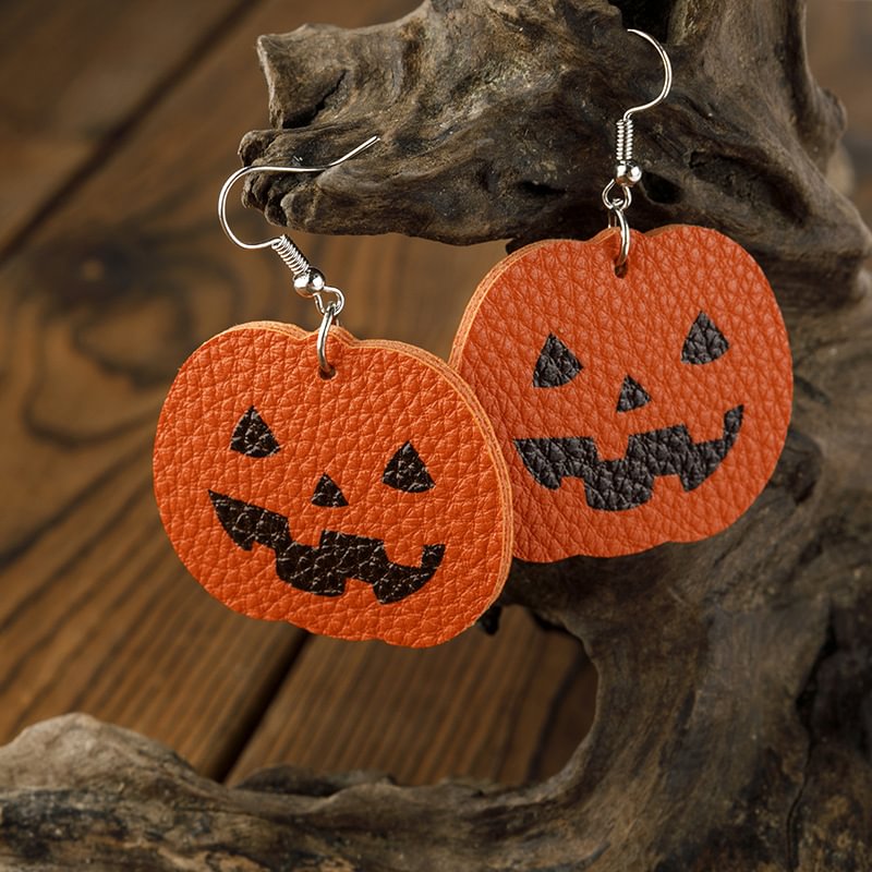 Minnieskull Pumpkin Ghost Hat Pu Leather Halloween Earrings - Minnieskull