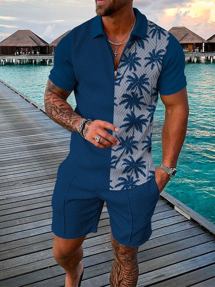 Men's Resort Fashion Coconut Tree Print Polo Suit