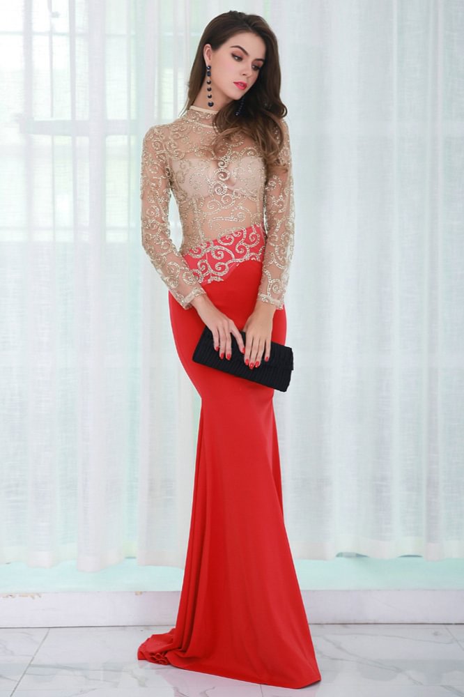 red long sleeve mermaid sequins prom dress