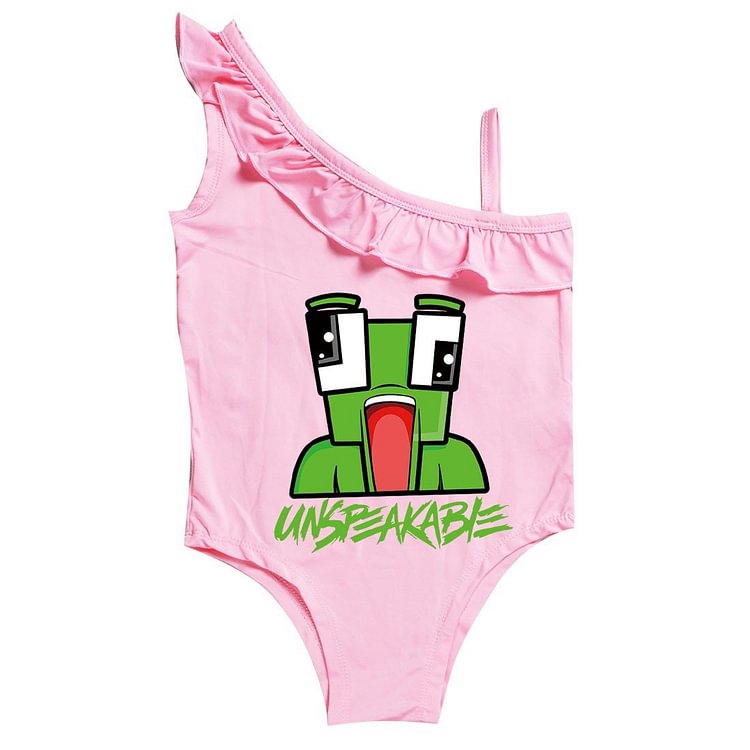 Mayoulove Green Frog Minecraft Print Little Girls Ruffle One Piece Swimsuit-Mayoulove