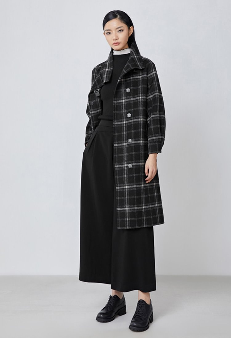 SDEER High-necked Checkered Woolen Coat With Contrasting Waist