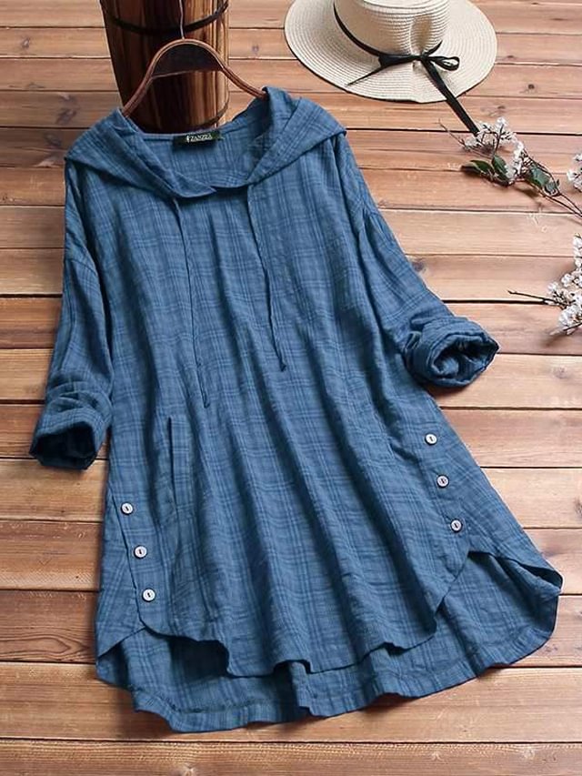 Plus Size Blouse Women Casual Hooded Long Sleeve Check Plaid Loose Tops Shirts-Corachic