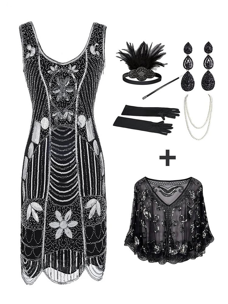 Mayoulove 3Pcs Top Seller Beaded Dress & 1920s Accessories Set & Sequined Shawl-Mayoulove