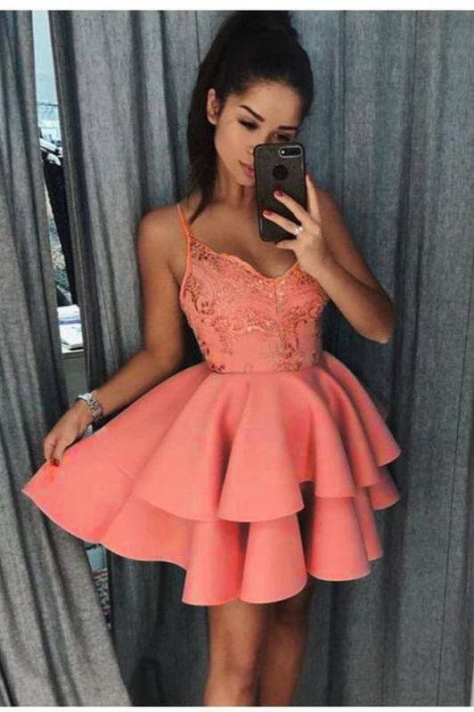 pink spaghetti-straps v-neck lace layers short homecoming dress